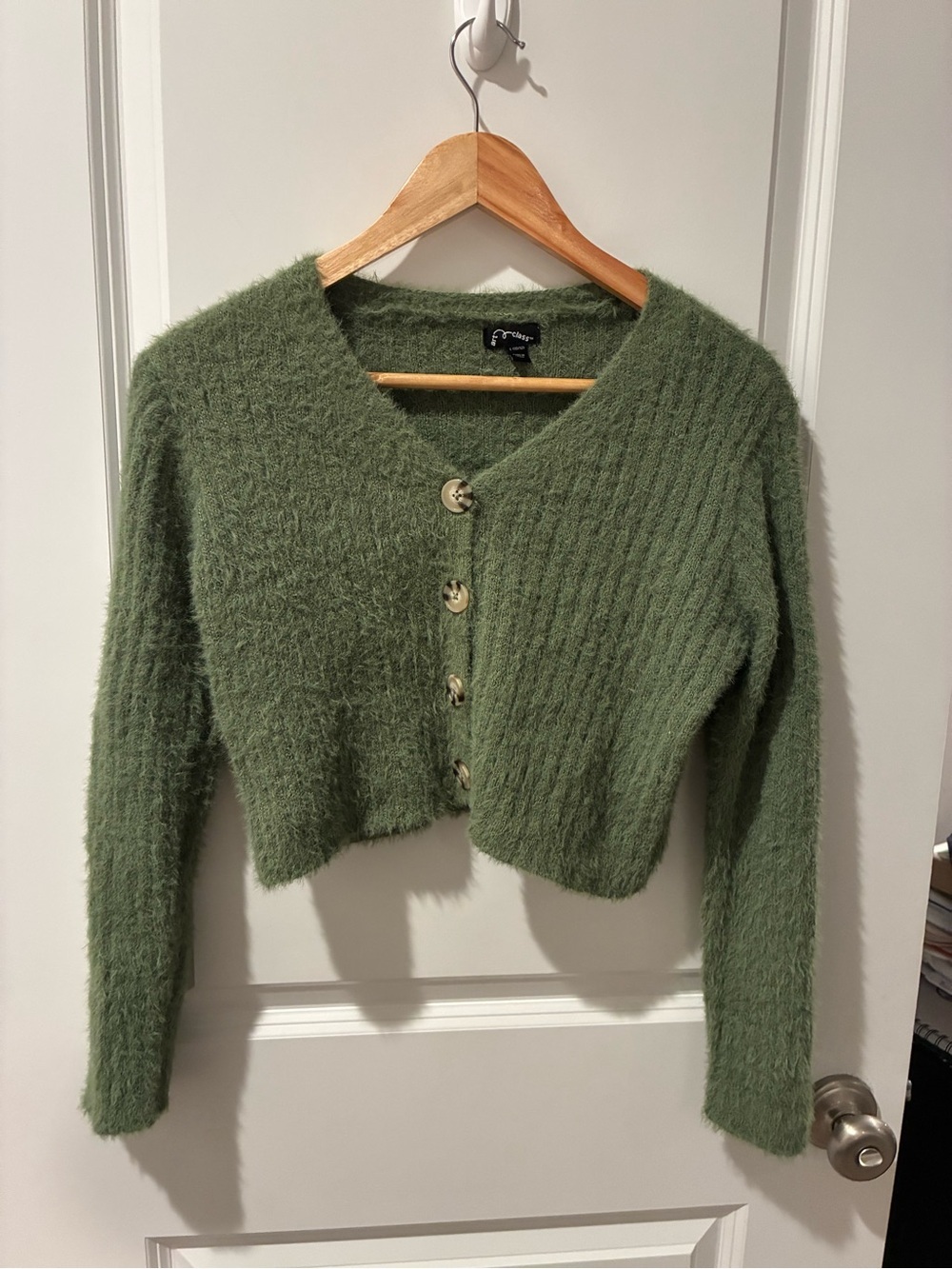 art class Olive Green Fuzzy V-Neck Cropped Cardigan